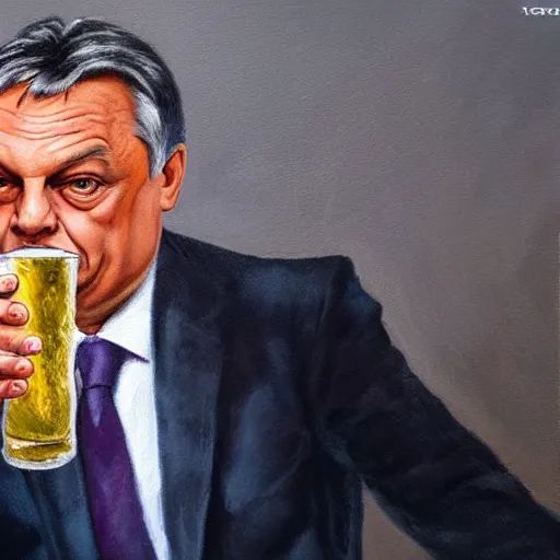 Image similar to viktor orban with a beer, anatomically correct, oil painting, hyper realistic, 8 k, highly detailed