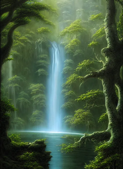 Prompt: a painting of a waterfall in a forest, a detailed matte painting by todd lockwood, deviantart, fantasy art, matte painting, matte drawing, airbrush art