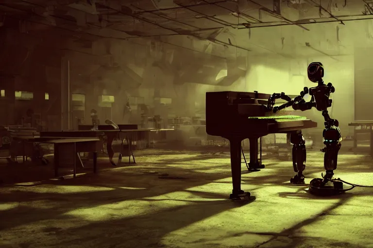 Image similar to a factory robot is playing the piano, post apocalypse green everywhere, 4k, ultra details, cinematic, epic style, beautiful photo, hyper realistic, octane render, unreal engine, award winning, on artstation, volumetric lightning, masterpiece, golden hour,