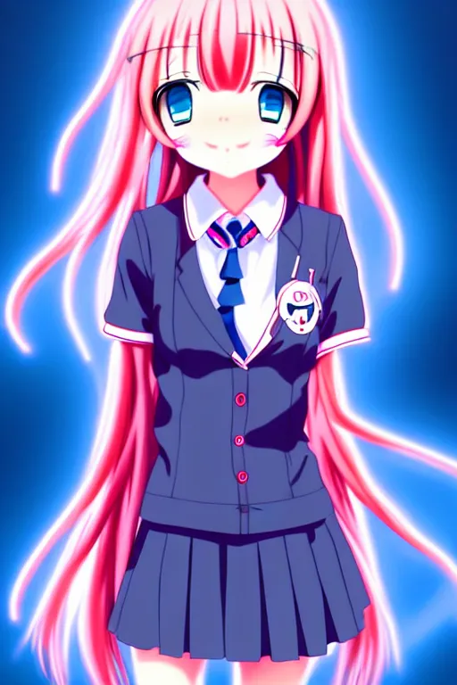 Image similar to full body anime portrait of a cute girl round eyes long hair dressed in a school uniform cinematic highly detailed 4 k neon anatomically correct