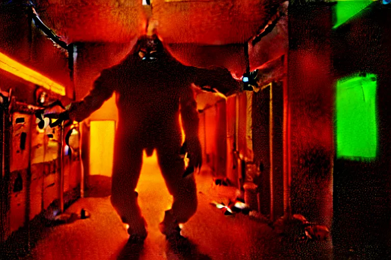 Image similar to a scary filmic wide shot color ground level angle movie still 35mm film photograph of the full body of a dangerous shape shifting alien creature, with multiple mutated snarling drooling human faces with a grotesque variety of human and animal limbs protruding from its lower torso inside of a 1970s science lab, neon lights, dirty, ektachrome photograph, volumetric lighting, f8 aperture, cinematic Eastman 5384 film