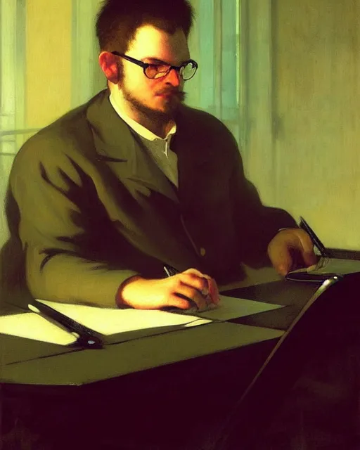 Prompt: a bald round - faced shaved hacker with glasses at the computer. fantasy art by greg rutkowski, gustave courbet, rosa bonheur, edward hopper. faithfully depicted facial expression, perfect anatomy, sharp focus, global illumination, radiant light, detailed and intricate environment, trending on artstation