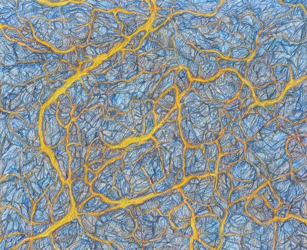 Prompt: Icy road meandering through fields of fire, aerial view, detailed coloured pencil drawing