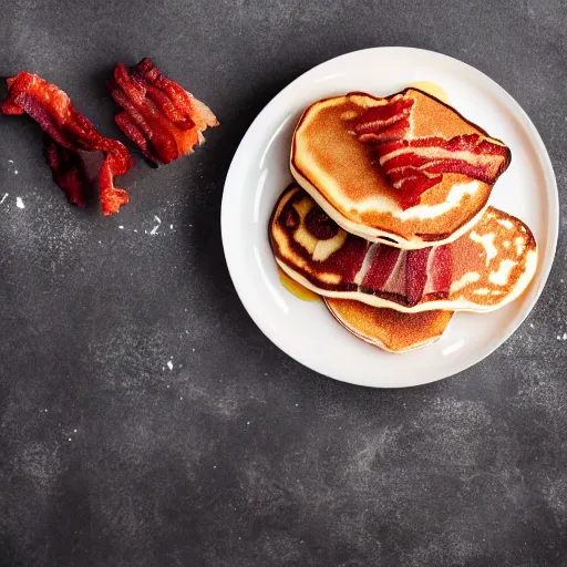 Image similar to food photography of pancakes and bacon, award winning, 8 k, ultrahd, hd, studio lighting, dof, bokeh