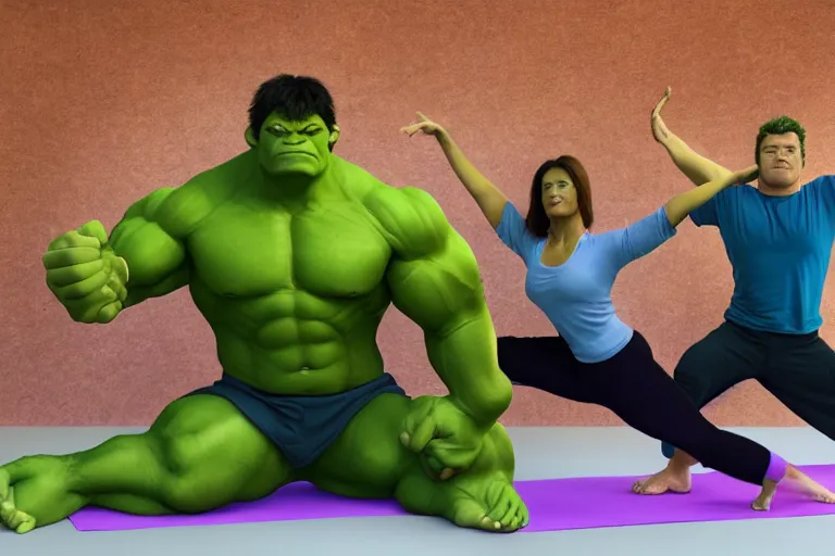 Image similar to the hulk and shrek doing yoga poses in the morning - produced in surreal sweatshop under fluorescent dominion, advanced, photorealistic, realistic, dramatic lighting, fantastic reality, by michelangelo, 8 k resolution