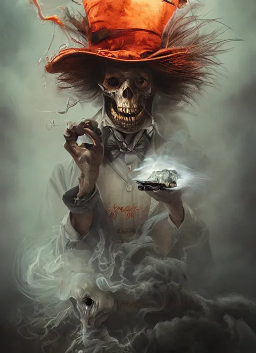 Image similar to Mad hatter big cloud of smoke, drinking whisky, death tarot card,highly detailed,half skull face,cinematic,8k,by Stanley Artgermm,Tom Bagshaw,Greg Rutkowski,Carne Griffiths, Ayami Kojima, Beksinski, Giger,trending on DeviantArt,hyper detailed,horror, full of colour