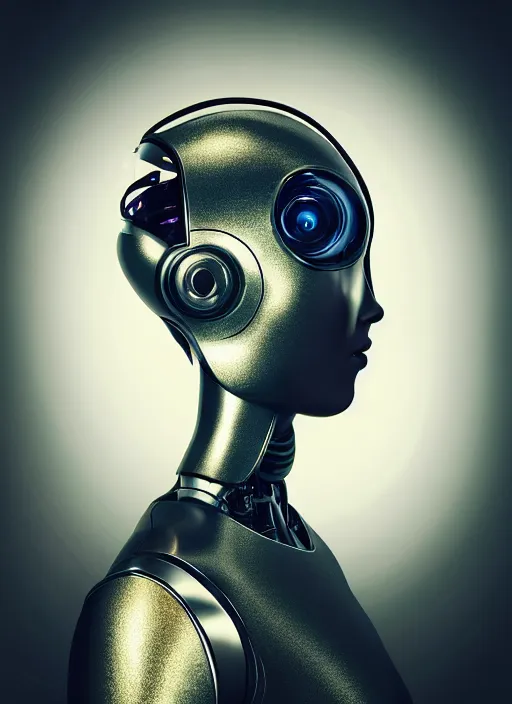 Image similar to a beautiful young female futuristic robot profile face photo, daguerrotype, closeup - view, f / 2. 8, low contrast, 1 6 k, beautiful lighting, reflective, insanely detailed and intricate, hypermaximalist, elegant, ornate, hyper realistic, super detailed, surreal dreamy poetic