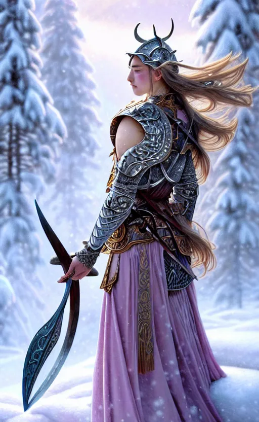 Image similar to kunzite viking warrior, regal, elegant, winter, snow, beautiful, stunning, hd, illustration, epic, d & d, fantasy, intricate, elegant, highly detailed, wide angle, digital painting, artstation, concept art, smooth, sharp focus, illustration, wallpaper, art by artgerm and greg rutkowski and alphonse mucha and jin xiaodi