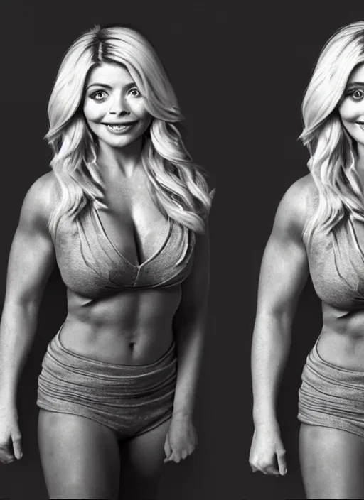 Image similar to holly Willoughby with the physique of a body builder, hyper realistic, ultra detailed, cinematic, dynamic lighting, photorealistic, refined, intricate, digital art, digital painting, masterpiece, 8k