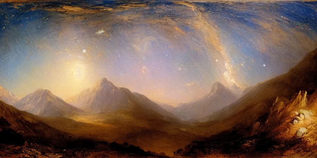 Prompt: stunning mountain landscape with sky full of galaxies by j. m. w turner