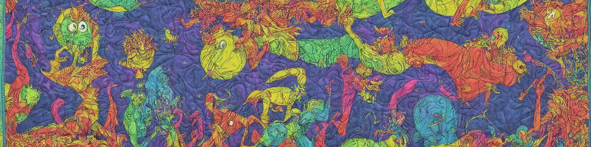 Image similar to dawn of creation ; first atom ; beings of light and darkness ; ethereal plane. bright neon colors. illustrated by maurice sendak and stephen gammell and junji ito and dr seuss. quilted. sewn into a quilt. patterned blanket.