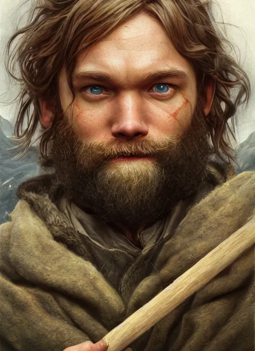 Prompt: portrait of pewdiepie as a hobbit, happy hobbit eating, by alan lee, lord of the rings, smooth, oil painting, matte painting, concept art, trending on artstation, promotional artwork, film still, elegant, photorealistic facial features, intricate, detailed face, cinematic lighting