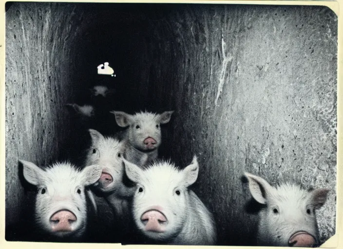 Image similar to polaroid of jean genet surrounded by piglets in a tunnel