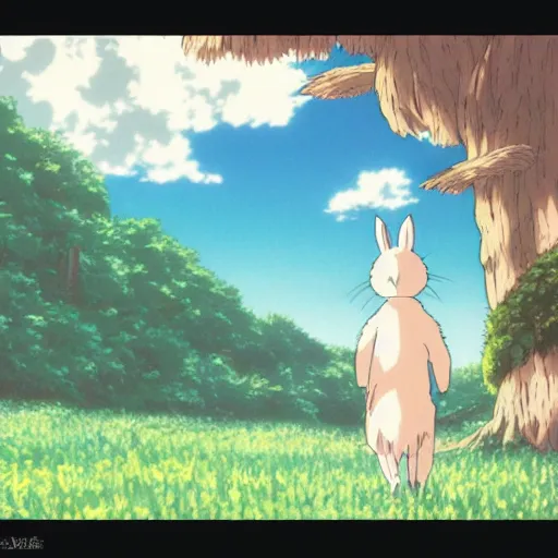 Prompt: anime movie poster for a wandering rabbit in a mysterious forest, studio ghibli