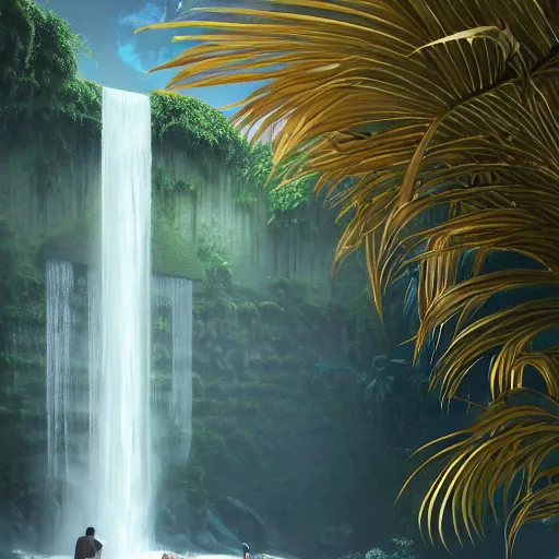 Image similar to waterfall, indoor liminal space, golden light, greg rutkowski, palm trees, pink door, minimalistic, hyperrealistic surrealism, award winning masterpiece with incredible details, epic stunning, infinity pool mirrors, a surreal vaporwave liminal space with mirrors, highly detailed, trending on artstation, artgerm and greg rutkowski and alphonse mucha, daily deviation