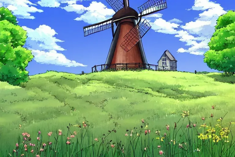 Image similar to beautiful countryside background with a windmill by studio ghibli, cute, winter