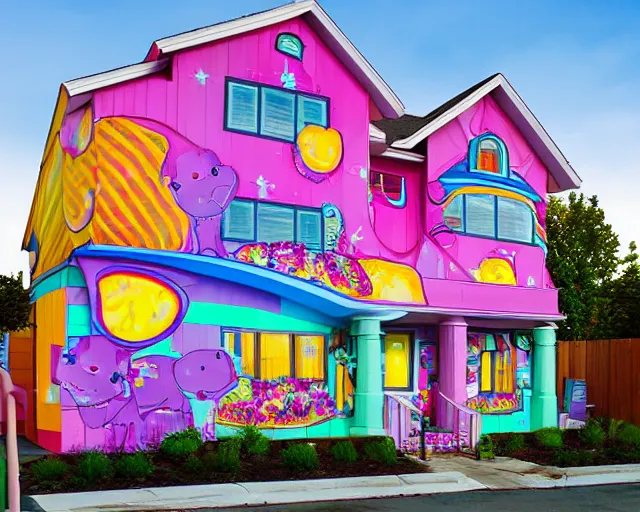 Image similar to the exterior of a house designed by lisa frank