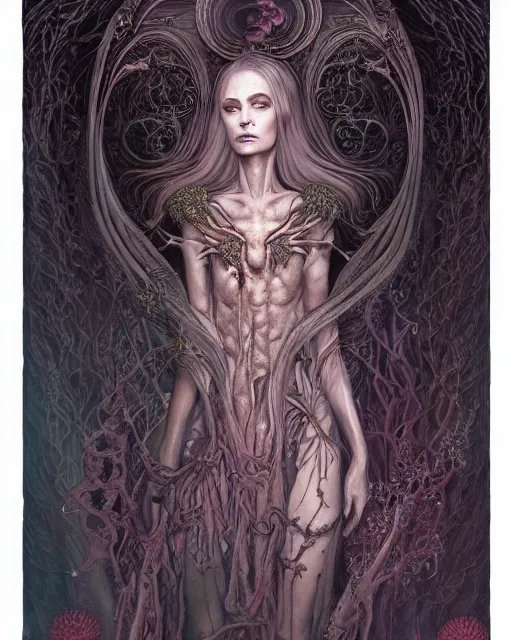 Image similar to a beautiful detailed front view portrait of a dead rotten princess with ornate growing around, ornamentation, elegant, beautifully soft lit, by wayne barlowe, peter mohrbacher, kelly mckernan