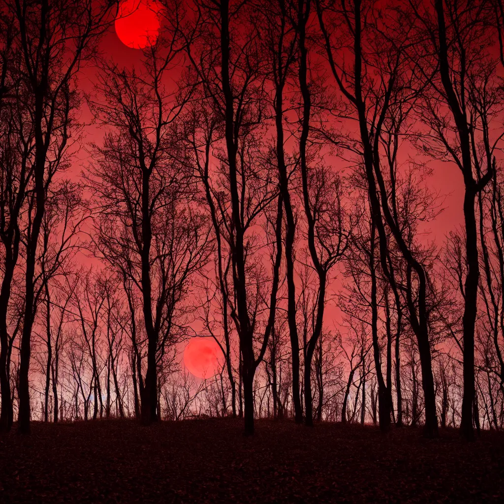 Image similar to Eerie forest at night, shadows, red moon in background