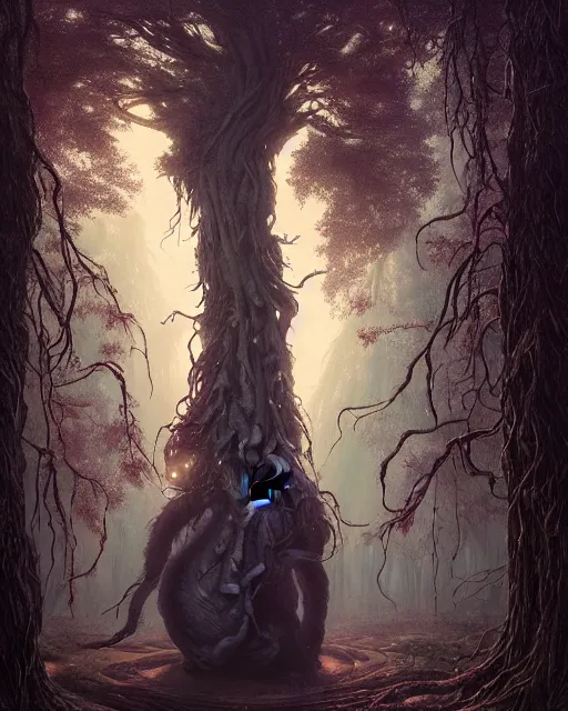 Image similar to highly detailed surreal vfx portrait of a cursed monster in a shadowy forest by a willow tree, stephen bliss, unreal engine, greg rutkowski, loish, rhads, beeple, makoto shinkai and lois van baarle, ilya kuvshinov, rossdraws, tom bagshaw, alphonse mucha, global illumination, detailed and intricate environment