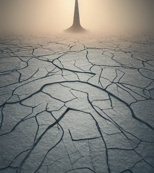 Image similar to surreal tower made of white crystalized aerial veins, inverted white roots in the floor, in the desert, foggy sky, dark night, octane render, unreal engine, pale colors, high detail, 8 k, wide angle, trending on artstation, behance