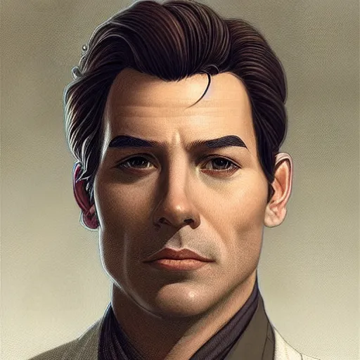 Prompt: portrait of a Male Detective in 80\'s, elegant, intricate, headshot, highly detailed, digital painting, artstation, concept art, sharp focus, illustration, art by artgerm and greg rutkowski and alphonse mucha