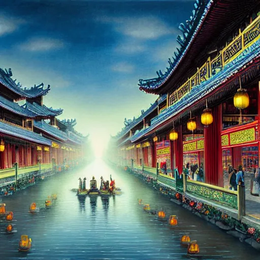 Prompt: a beautiful ultradetailed painting, chang'an city, lotus pond, beautiful rays of light pass between the buildings, prosperous commercial street, attic, carriage, arch bridge, lanterns, people coming and going, resplendent palace in the distance, unity engine, ray tracing, realistic texture materials, by greg rutkowski, eddie h. hinestroza