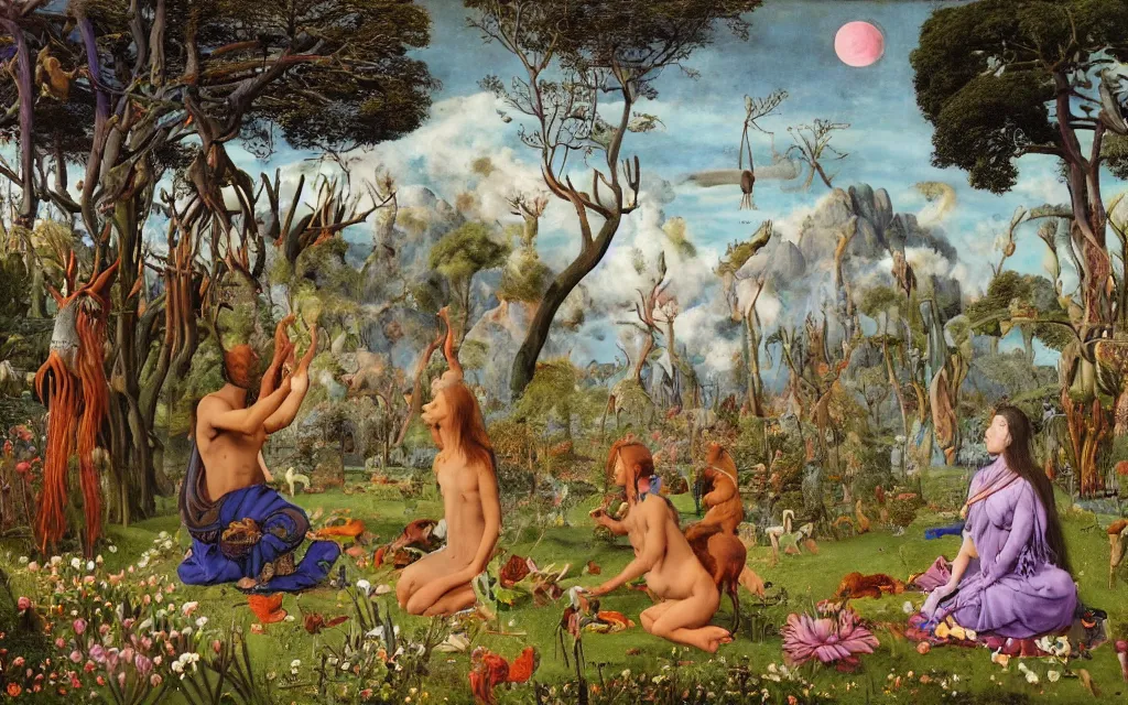 Image similar to photograph of a meditating centaur shaman and a catgirl feeding animals. surrounded by bulbous flowers, animals and a few trees. river delta with dry rocky mountains under a blue sky full of burning stars. painted by jan van eyck, max ernst, ernst haeckel, ernst fuchs and artgerm. trending on artstation, trending on cgsociety