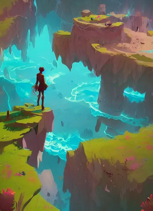 Image similar to man standing on top of a rock next to a river, a screenshot by anton fadeev, featured on polycount, fantasy art, 2 d game art, concept art, official art