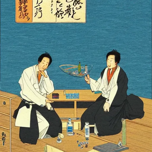 Image similar to chemists in white coats are eating a giant roll, hasui kawase