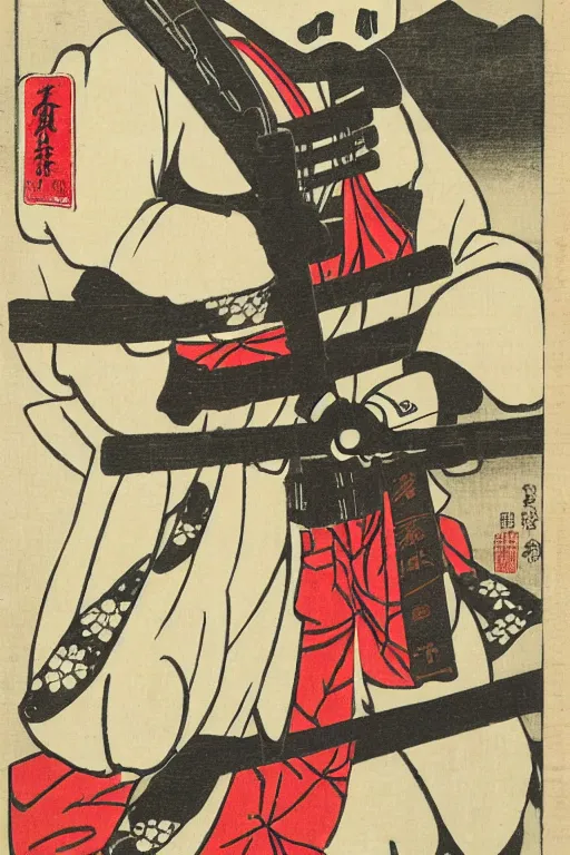 Prompt: Japanese woodblock print of a Stormtrooper holding nunchucks holding a samurai sword , cherry blossom, Hokusai