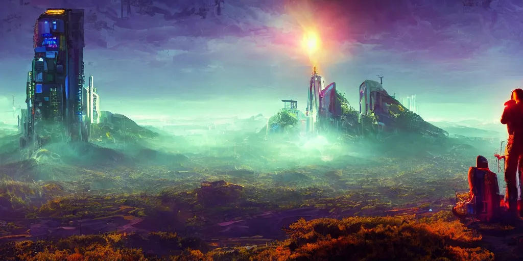 Image similar to a cinematic composition depicting : a computer run degrading cyberpunk world, on top of the mountain a mysterious translucid crystal neural network being is using its transformative energy to transition to a hopeful to lush green foresty solarpunk civilization in the valley at dawn