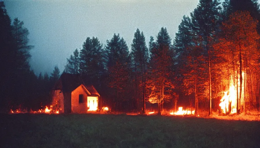 Prompt: 1 9 7 0 s movie still by andrei tarkovsky of a heavy burning french style little house in a small northern french village by night in autumn, pines forest, cinestill 8 0 0 t 3 5 mm, heavy grain, high quality, high detail, dramatic light, anamorphic, flares, by mini - dv camera