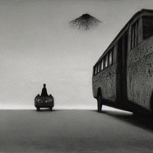 Image similar to Expired commuter ghost. Zdzisaw Beksinski.