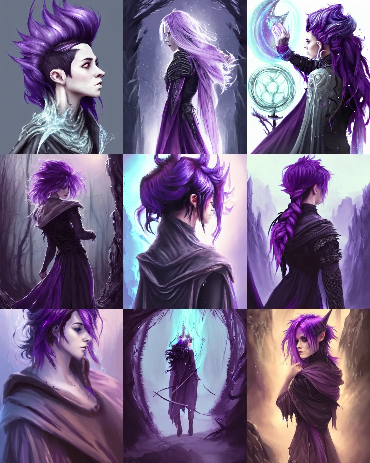 Prompt: cinematic back portrait rugged girl, adventurer outfit large cloak, fantasy forest landscape, supervillain sorceress witch, fantasy magic, undercut hairstyle, black to purple fade hair color, casting ice water magic spell circle, dark light night, intricate, elegant, sharp focus, illustration, highly detailed, digital painting, concept art, matte, art by WLOP and Artgerm and Greg Rutkowski and Alphonse Mucha, masterpiece