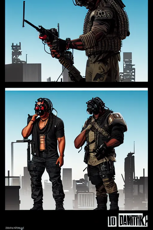 Image similar to Dangerous Tojo. buff Samoan cyberpunk mercenary wearing a cyberpunk tactical headset and military vest. AR-15. square face. Realistic Proportions. Concept art by James Gurney and Laurie Greasley. Moody Industrial skyline. ArtstationHQ. Creative character design for cyberpunk 2077.