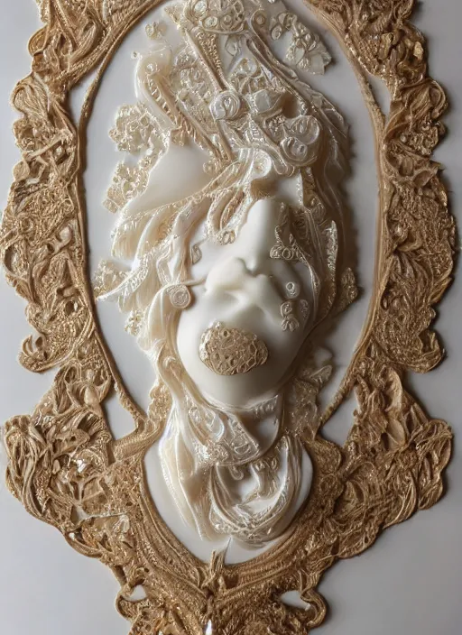 Image similar to romantic marble sculpture of beautiful woman, glistening, mandelbulb, hypercube, ivory carving, fractal paisley inlay, lace, intricate, elegant, highly detailed, gold inlay, metallic, ivory, artgerm, lace, by ruan jia and greg rutkowski