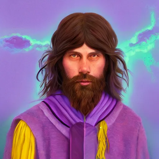 Prompt: A professional digital portrait painting of a hippie D&D druid, painted by Wes Anderson, painted by Hayao Miyazaki, dressed in light armor, 4k, digital art, trending on cgsociety, highly detailed, head and shoulders shot, shallow depth of field, purple and yellow lighting, professional lighting, airbrush,