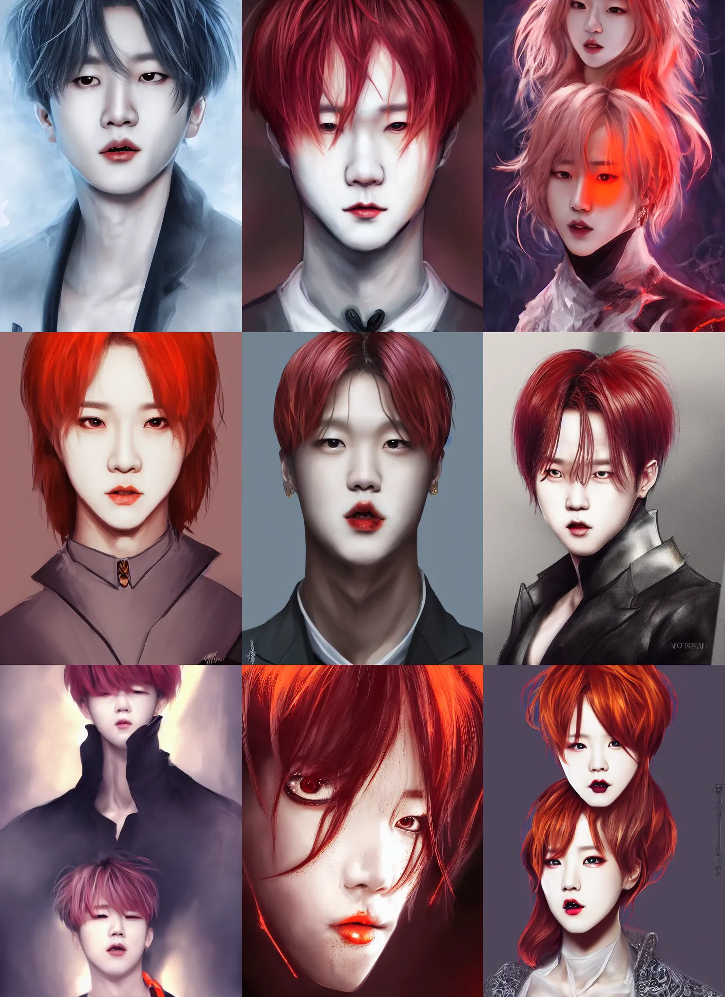 Prompt: park jimin as a vampire. wearing intricate styled outfit, semi realism, anime realism, symmetrical face, slim face, distinctive features, appealing, photorealism, uhd, amazing depth, glowing, golden ratio, sakimichan, greg rutowski, volumetric lighting, cinematic lighting, red orange lighting, artstation concept art