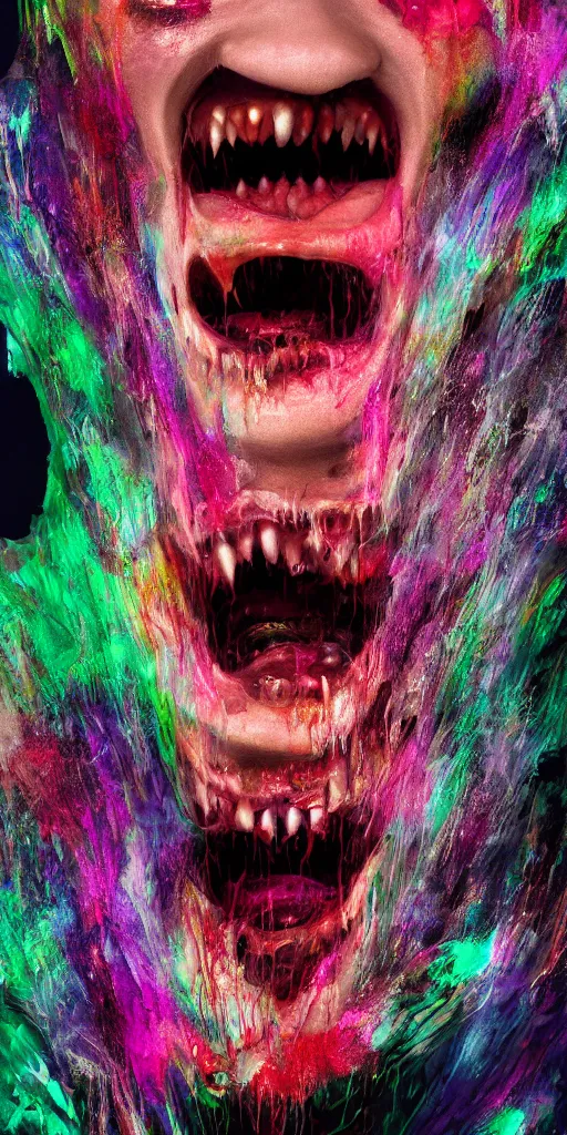 Image similar to impossibly beautiful vampire with large vampire fangs, full body, intricate complexity, horror, psychedelic glitch art, rainbow drip paint, trending on art station, photoreal, 8k, octane render