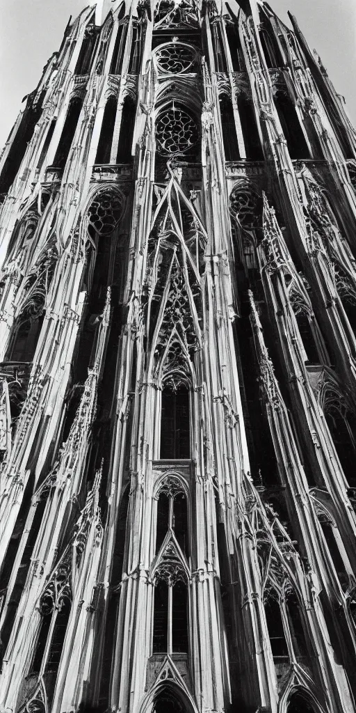 Prompt: A black and white photograph of a supertall skyscraper resembling a 13th century gothic Cathedral photographed by Bernd and Hilla Becher, hyperrealism 8k