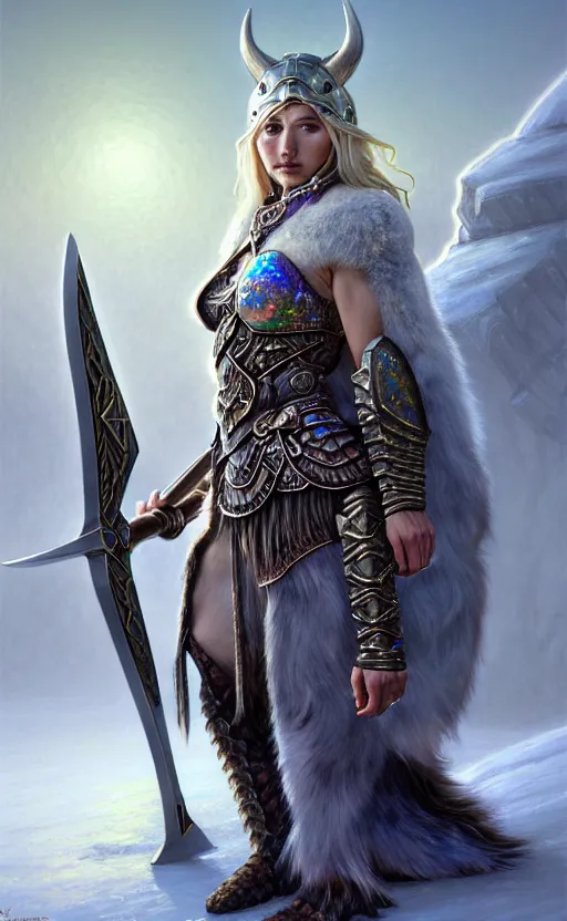 Image similar to iridescent opal viking warrior, wolf armor, winter, morandi color scheme, hd, illustration, epic, d & d, fantasy, intricate, elegant, highly detailed, wide angle, digital painting, artstation, concept art, smooth, sharp focus, illustration, wallpaper, art by artgerm and greg rutkowski and alphonse mucha and jin xiaodi