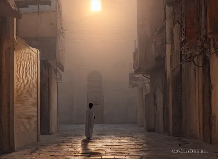 Image similar to old jeddah city alley, roshan, old shops, horse, magical gateway to another dimension, a man wearing a white robe standing watching over, sci - fi, dramatic lighting, dawn, by caspar david friedrich, unreal engine 5