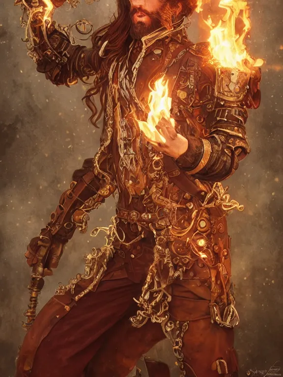 Prompt: full body picture of male steampunk pyromancer, burning brass armor, ornamental, burly, white skin, long red hair, beard, high fantasy, burning forest background, highly detailed, two arms, detailed face, smooth, sharp focus, digital painting, by artgerm and greg rutkowski and alphonse mucha