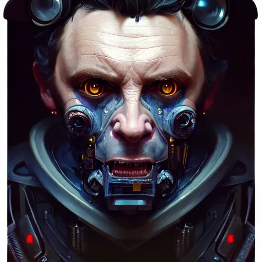 Image similar to portrait painting of a cyberpunk orc medic michael sheen, ultra realistic, concept art, intricate details, eerie, highly detailed, photorealistic, octane render, 8 k, unreal engine. art by artgerm and greg rutkowski and charlie bowater and magali villeneuve and alphonse mucha