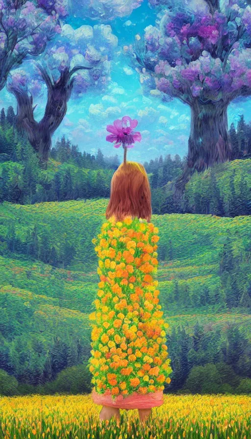 Image similar to girl with giant flower as a face and flower dress, standing in a flower field hills, big trees, sunrise dramatic light, impressionist painting, colorful clouds, digital painting, pointillism, artstation, simon stalenhag