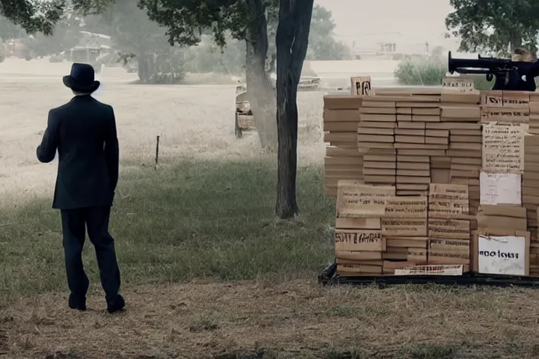 Image similar to cinematography of man in suit selling guns at little cardboard stand in residential neighborhood by Emmanuel Lubezki