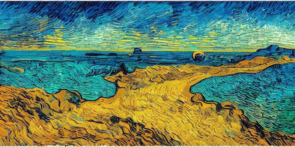 Image similar to a beach between two valley, by Salvador Dali and Van Gogh collaboration, sun set, digital art, high details, drone wide shot