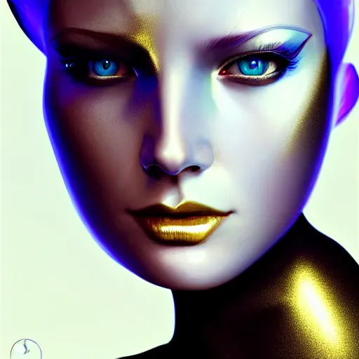 Image similar to futuristic woman android portrait, sci-fi female, striking azure eyes, face, short platinum hair, cyberpunk femme fatale, intricate, elegant lady with alabaster skin, highly detailed gold filigree, digital painting, artstation, concept art, smooth, sharp focus, illustration, studio photo by artgerm and greg rutkowski and alphonse mucha:3, overexposed, dark, gray, monochrome:-1