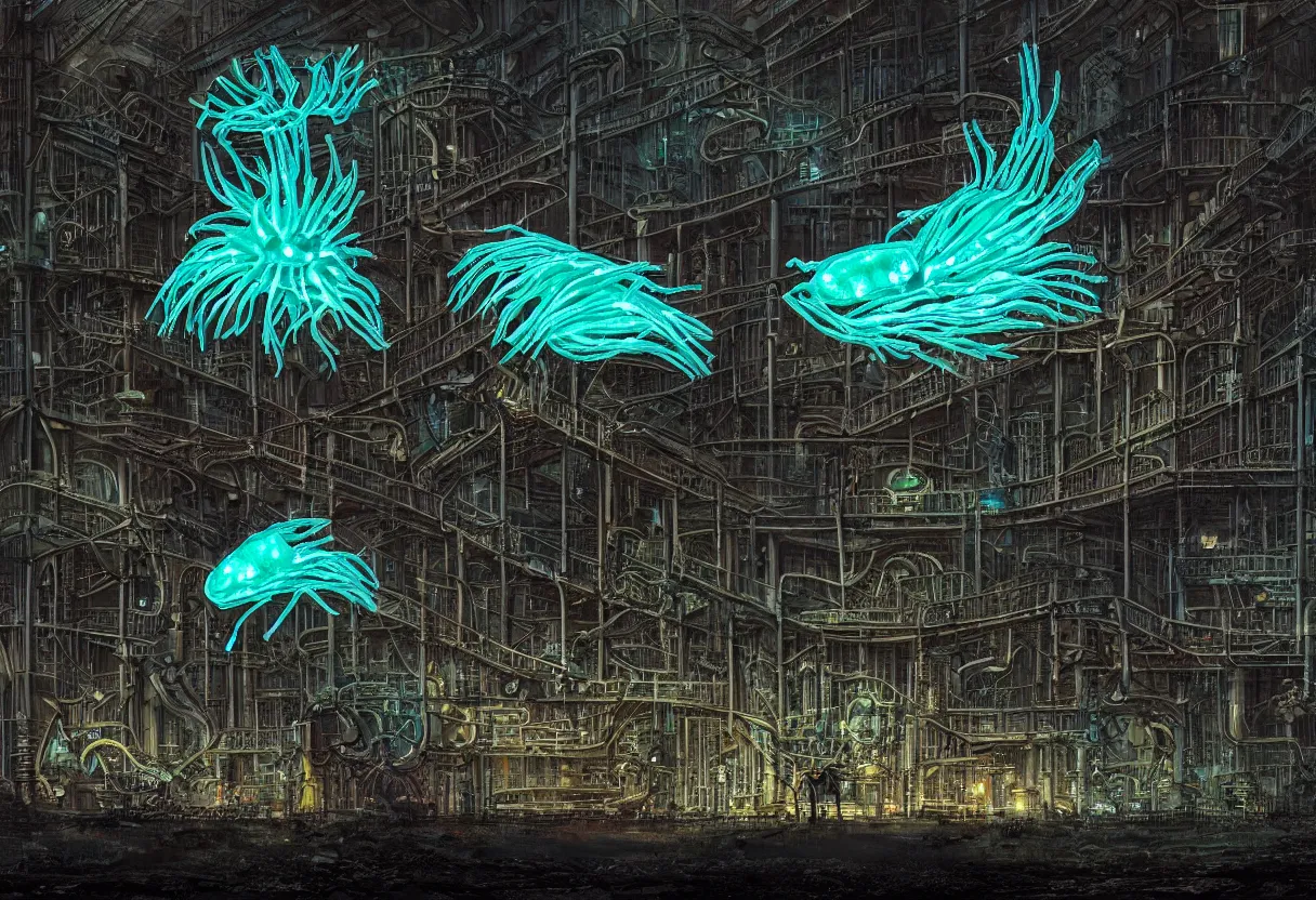 Prompt: a giant bioluminescent nudibranch in the foreground in front of a massive rusty brutalist industrial plant, glowing windows, biomechanical, biopunk, nighttime, low key, dark, gloomy, hazy, spotlights, leds, dramatic lighting, watch tower, helicopter, vignette, art by hr giger, digital art